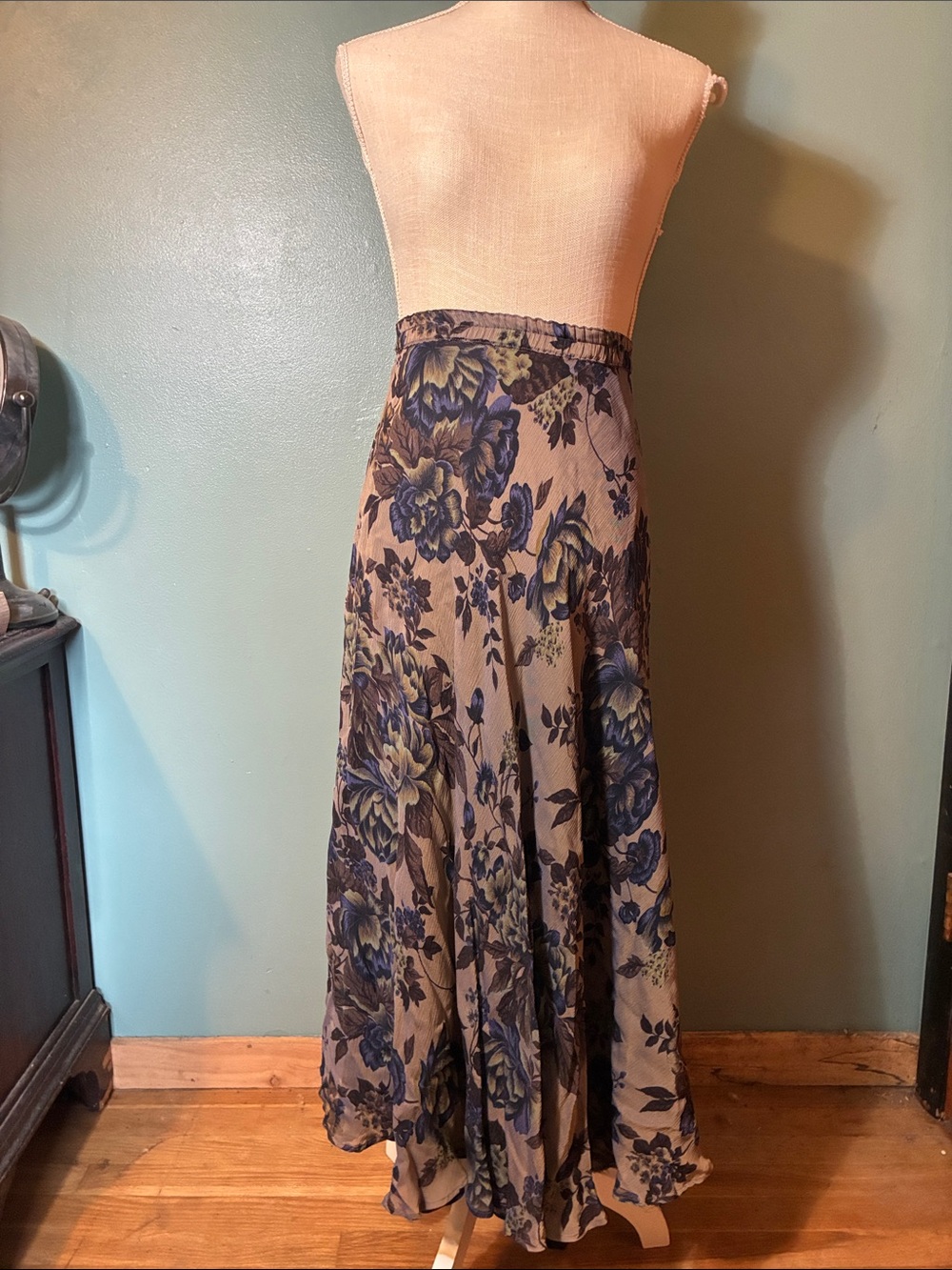 Coldwater Creek Taupe Maxi Skirt with Blue Floral Print
